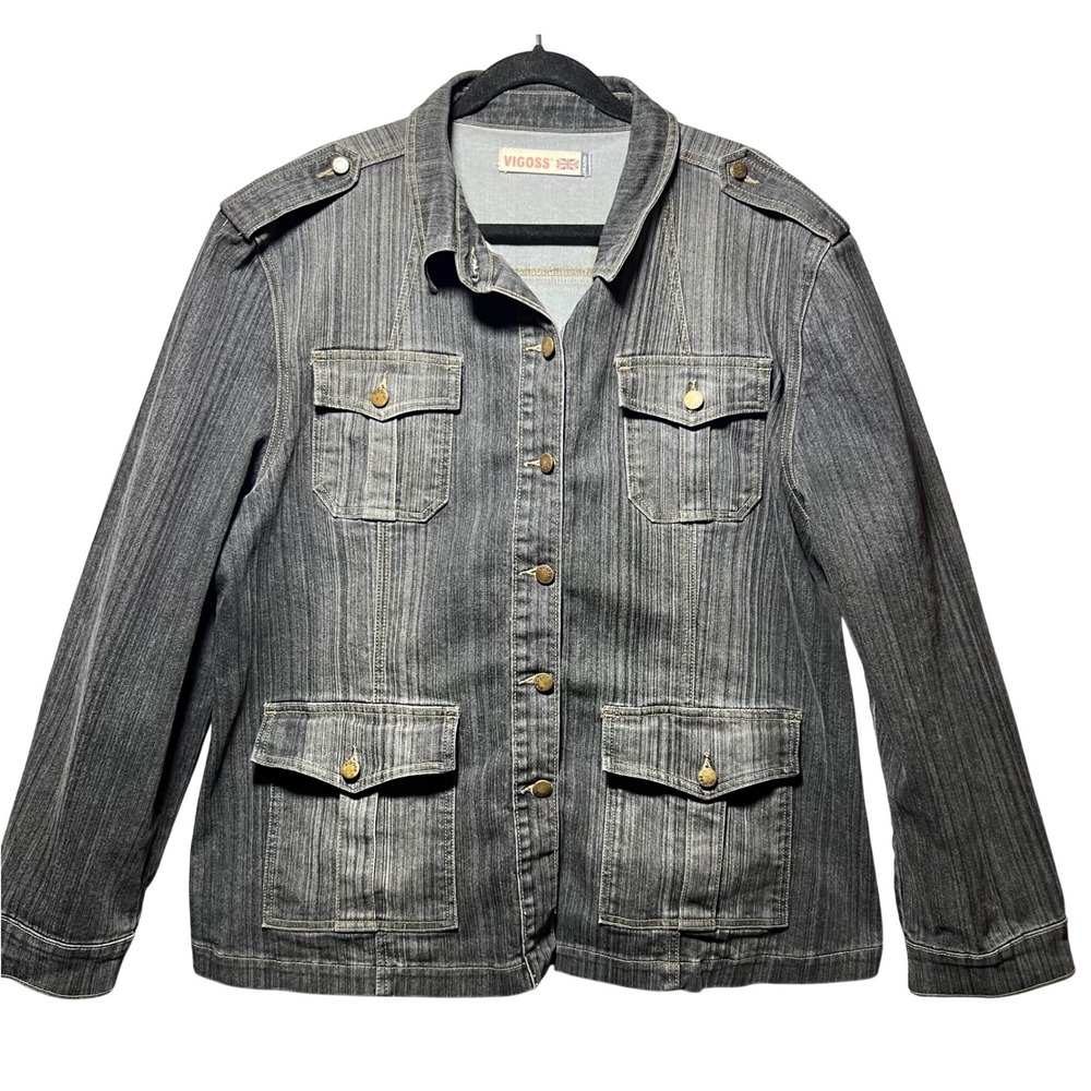 Vigoss Jeans Womens 2XL Grey Wash Denim Utility Jacket Military 4-Pocket
